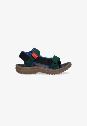 Multikleurige sandalen met een bruine zool, voorzien van groene en zwarte banden, verstelbare klittenbandsluitingen en een gestructureerde binnenzool.