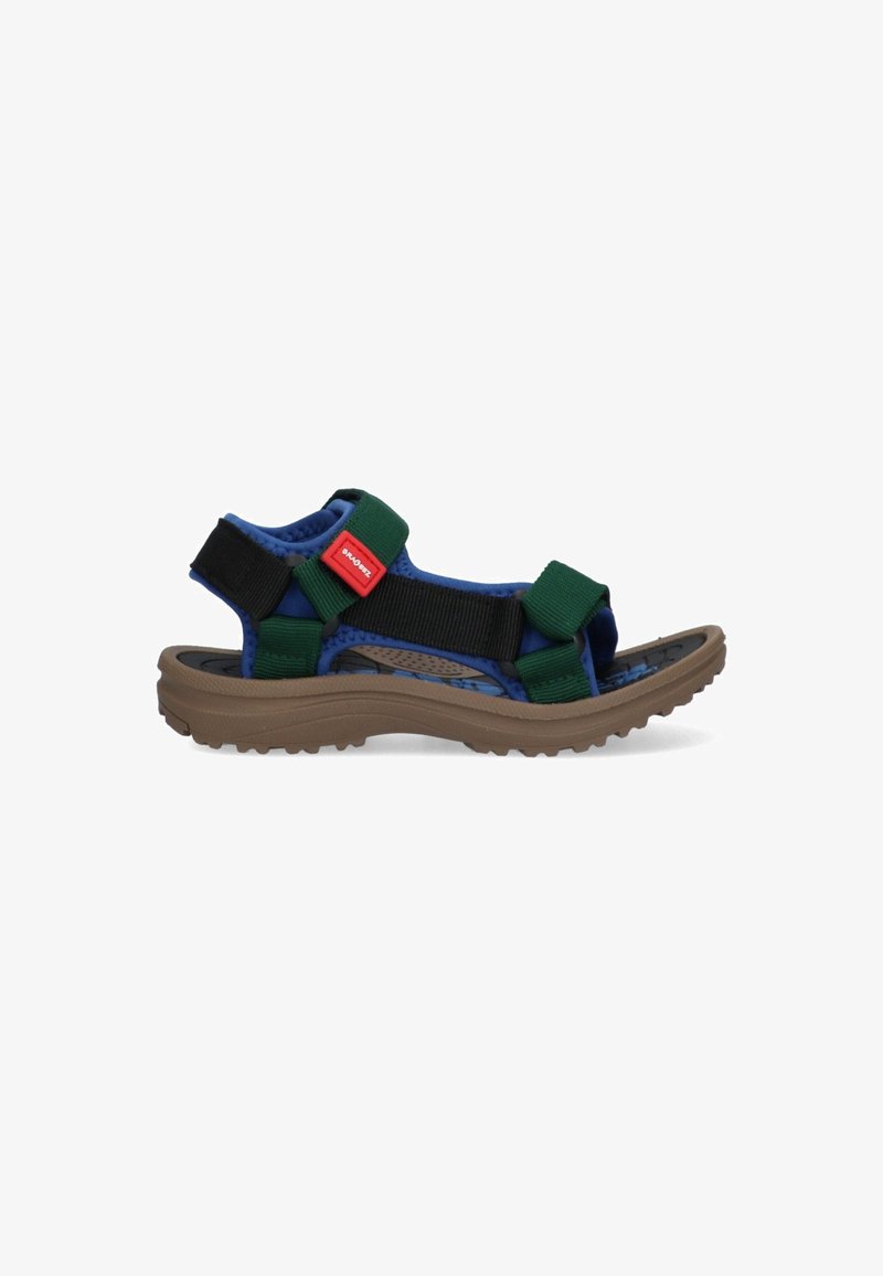 Multikleurige sandalen met een bruine zool, voorzien van groene en zwarte banden, verstelbare klittenbandsluitingen en een gestructureerde binnenzool.