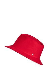 Red felt bucket hat with a wide, downward-sloping brim. Features a small metal logo accent on the side. Smooth texture and structured shape.