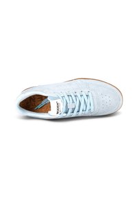 Light blue suede sneaker with a perforated toe, matching laces, cork insole, and a brown rubber sole. Features a logo tag on the tongue.