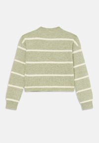 Grüner gerippter Pullover mit weißen horizontalen Streifen, runder Halslinie und langen Ärmeln, cropped Saum und strukturiertem Stoff.