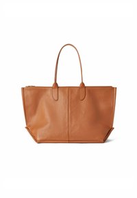 Skórzana torba tote w kolorze tan, o strukturalnym designie, z dwoma kr�ótkimi uchwytami i niestrukturalnym dnem; posiada zamek błyskawiczny i teksturowaną powierzchnię.