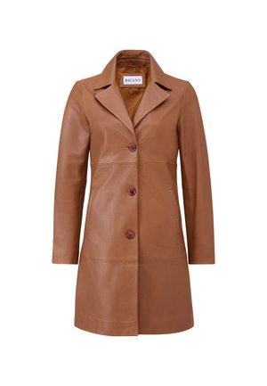 Bruine leren jas met een geprofileerde kraag, sluiting met knopen aan de voorkant en twee zijzakken. Beschikt over een zachte textuur en een slank ontwerp.