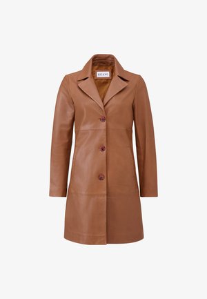 Bruine leren jas met een geprofileerde kraag, sluiting met knopen aan de voorkant en twee zijzakken. Beschikt over een zachte textuur en een slank ontwerp.