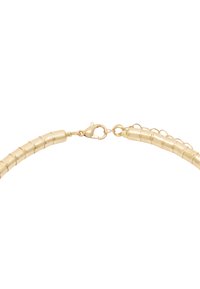 Złocisty naszyjnik z cylindrycznymi koralikami, z zapięciem na homara i regulowanymi ogniwami do dostosowania rozmiaru. Gładka tekstura na całej długości.