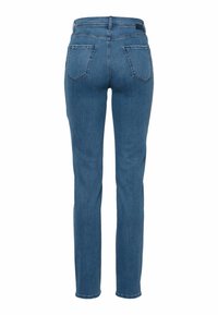 Jeans skinny en denim bleu moyen avec une texture lisse, comprenant deux poches arrière, des passants de ceinture et une jambe légèrement fuselée.