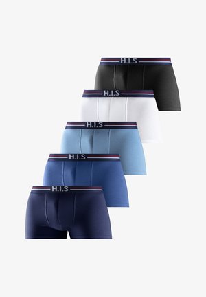 Blue cotton boxer shorts with a fitted design, featuring an elastic waistband with red and white stripes and the letters "H.I.S."
