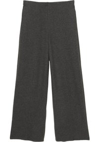 Pantaloni a gamba larga in tessuto grigio scuro, con una texture liscia e design a vita alta con pieghe sottili sul davanti.