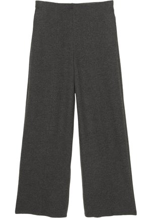 Pantaloni a gamba larga in tessuto grigio scuro, con una texture liscia e design a vita alta con pieghe sottili sul davanti.
