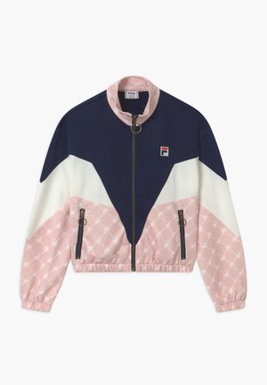 Marineblauer, weißer und pinker Reißverschlussjacke mit geometrischem Muster, Stehkragen, elastischen Bündchen und Saum sowie zwei vertikalen Reißverschlusstaschen.