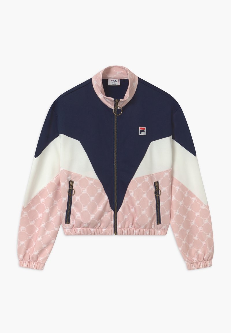 Chaqueta con cremallera en azul marino, blanco y rosa, con patrón geométrico, cuello alto, puños y dobladillo elásticos, y dos bolsillos verticales con cremallera.