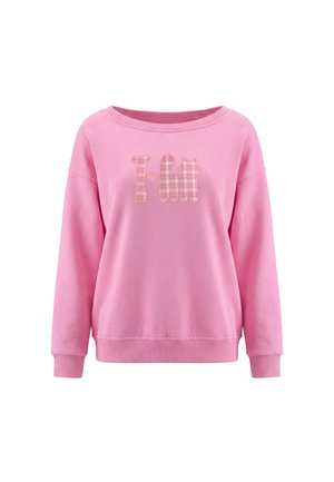 Pink langærmet sweatshirt med bådhals, med ternede bogstaver og former, der staver "I love cat" på forsiden.
