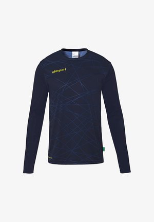 Langærmet atletisk t-shirt i marineblå med et geometrisk linjemønster. Har rund halsudskæring og grøn label i kanten.