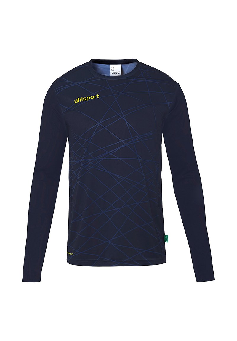 T-shirt de sport à manches longues, de couleur bleu marine, avec un motif de lignes géométriques. Il dispose d'un col ras du cou et d'une étiquette verte au bas.