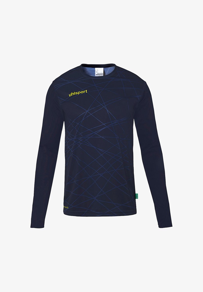 T-shirt de sport à manches longues, de couleur bleu marine, avec un motif de lignes géométriques. Il dispose d'un col ras du cou et d'une étiquette verte au bas.