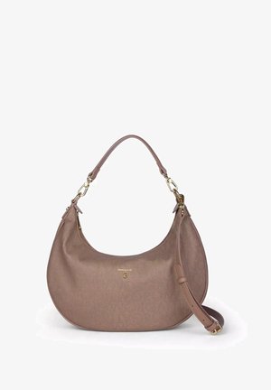 Sac à épaule marron à motifs avec une texture lisse, des accents en métal doré et une seule bandoulière réglable. Dispose d'une fermeture éclair.