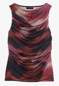 Top sans manches avec un design froncé dans des nuances de rose, de bordeaux et de noir, fabriqué en tissu léger avec une texture lisse.