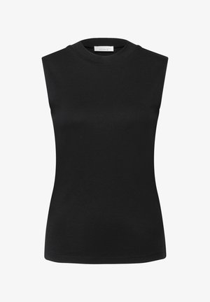 Top senza maniche nero realizzato in morbido tessuto di cotone, con scollatura a girocollo e silhouette aderente. Semplice, senza ulteriori decorazioni.