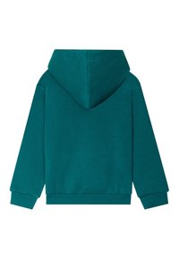 Felpa con cappuccio color turchese, maniche lunghe, polsini e orlo a coste, texture morbida, tessuto liscio, senza motivi o dettagli visibili.