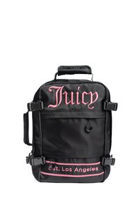 Zaino in nylon nero con testo ricamato rosa "Juicy" e "Est. Los Angeles", dotato di manico superiore e spallacci regolabili. Include dettagli impermeabili.