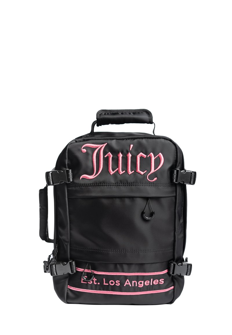 Zaino in nylon nero con testo ricamato rosa "Juicy" e "Est. Los Angeles", dotato di manico superiore e spallacci regolabili. Include dettagli impermeabili.
