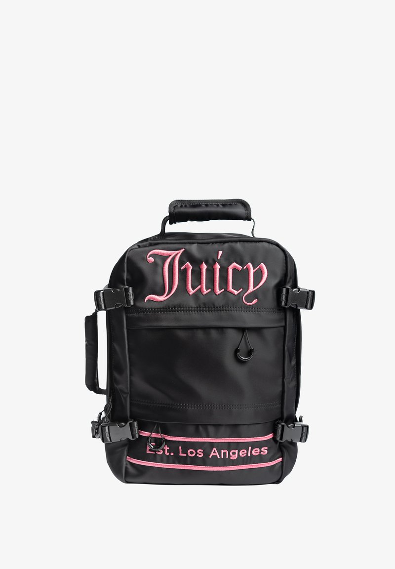Zaino in nylon nero con testo ricamato rosa "Juicy" e "Est. Los Angeles", dotato di manico superiore e spallacci regolabili. Include dettagli impermeabili.