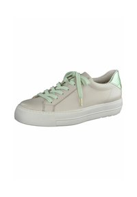 Sneaker in pelle beige con lacci e dettagli del colletto verde menta, suola bianca in gomma, punta rotonda e tallone testurizzato.