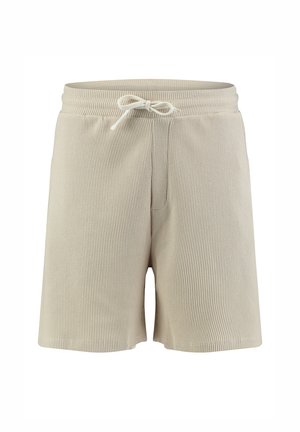 Beige strukturierte Strickshorts mit elastischem Bund und vorderem Kordelzug, entworfen für lässige Trageanlässe.