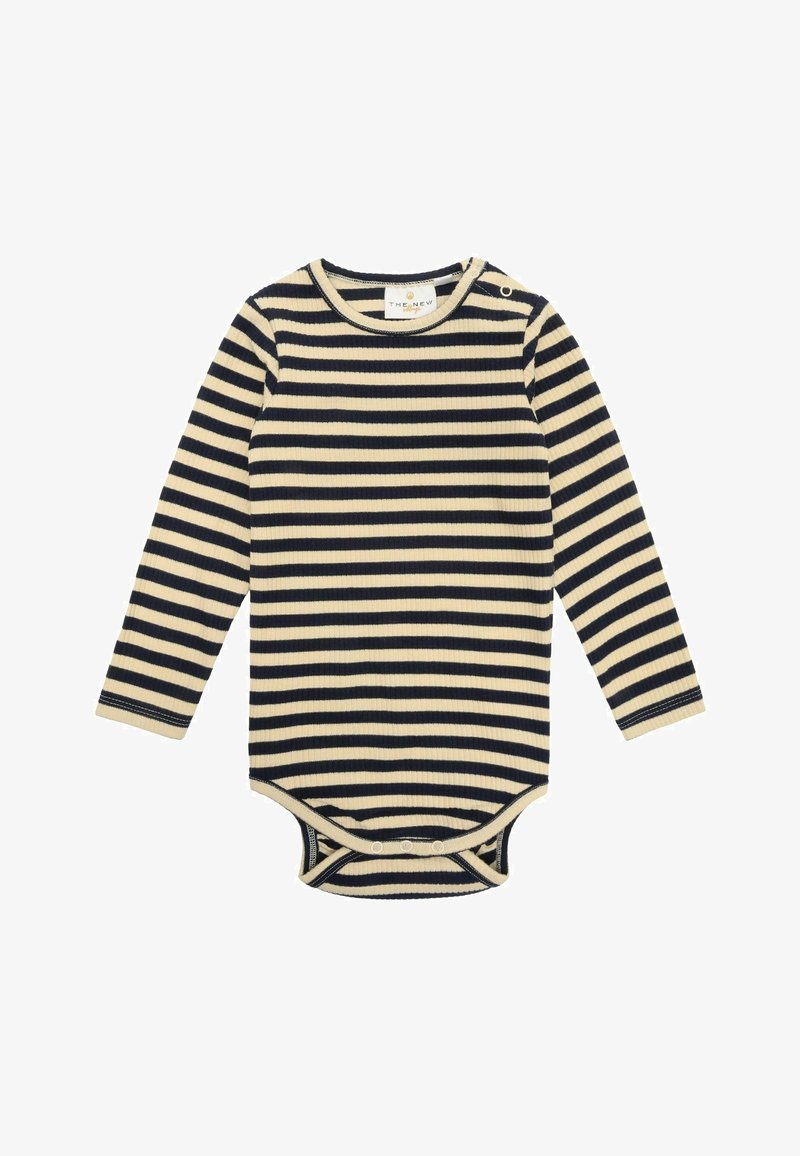 Navy ir kreminės spalvos horizontaliai dryžuotas ilgomis rankovėmis kūdikių bodis, su raukšlėta tekstūra, apvaliu kaklu ir spaudėmis apačioje.