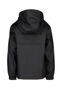 Black waterproof jacket with a hood, featuring elasticized cuffs and a smooth texture. No visible closures or patterns on the back.