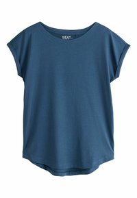 Blaues Kurzarm-T-Shirt mit rundem Ausschnitt und dezent aufgerollten Ärmeln, aus weichem Stoff, flach auf einem weißen Hintergrund präsentiert.