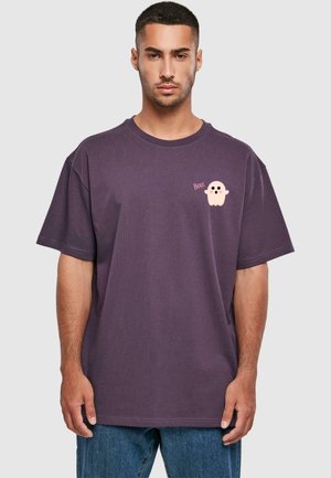 Purple cotton t-shirt featuring a rounded neckline, short sleeves, and a cartoon ghost graphic with "Boo!" text on the left chest.