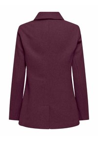 Maroon Wollmischung Mantel, taillierte Silhouette, mittellange Ärmel, Reverskragen, zwei Rückennaht, Schlitz am Saum, glatte Textur.