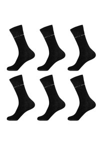 Chaussettes noires en coton avec des poignets côtelés, présentant un petit logo imprimé en blanc. Six paires disposées en deux rangées, montrant différents angles.