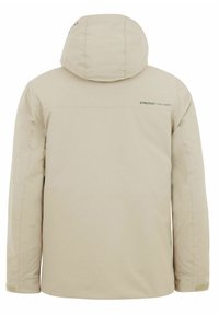 Veste beige avec capuche, présentant une texture lisse et un design minimaliste. Affiche un logo au dos, mettant en avant son style épuré.