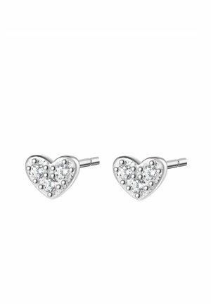 Silver heart-shaped stud earrings featuring clear rhinestones arranged in a cluster, with a polished metal finish and smooth texture.