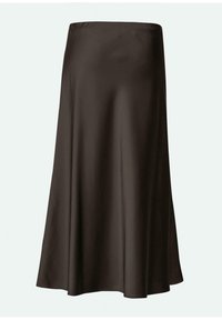 Brązowa, satynowa spódnica o linii A, z gładką fakturą, prostym paskiem w talii i rozkloszowanym dołem sięgającym poniżej kolana.