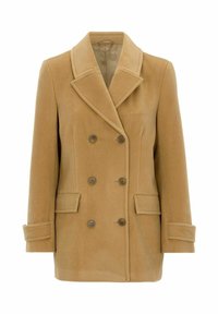 Kaksirivinen takki vaaleanruskeasta kankaasta, jossa on lovikaulus, kaksi etutaskua ja viisi sulkupuoliketta, sekä ryhdikkäät olkapäät.