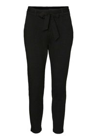 Svarta byxor i mjukt tyg, med en avslappnad passform, dragsko i midjan och smalnande ben för en strömlinjeformad silhuett.