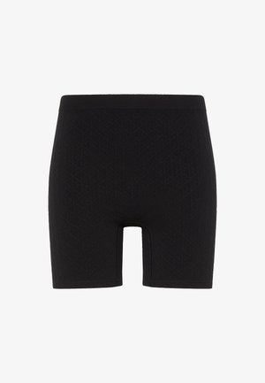 Schwarze Boxershorts aus strukturiertem Stoff mit Diamantmuster, ausgestattet mit einem breiten elastischen Bund und einem Design, das bis zur Mitte des Oberschenkels reicht.