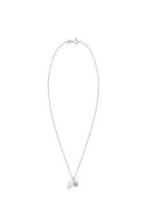 Delicate silver chain necklace with two pendants: a textured leaf and a small oval stone charm.