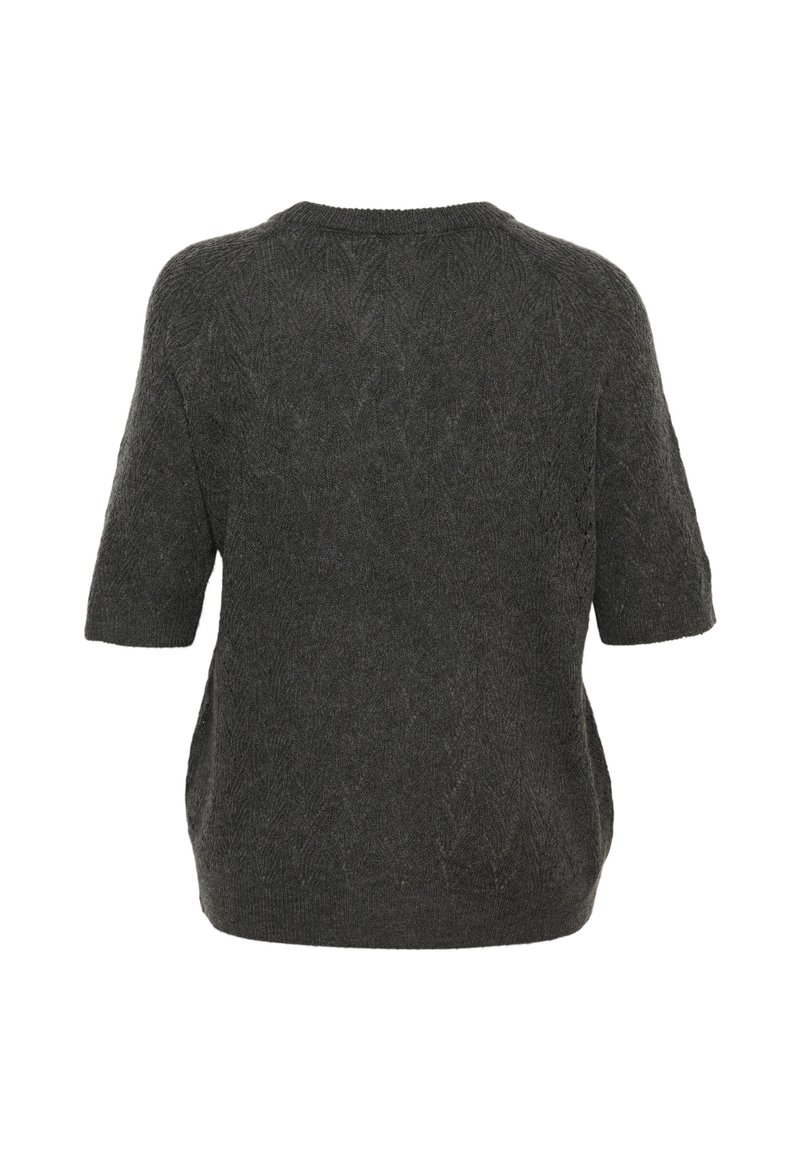Szary sweter z krótkim rękawem z teksturowanym wzorem. Okrągły dekolt i luźny krój. Miękka tkanina o lekko melanżowym wyglądzie.