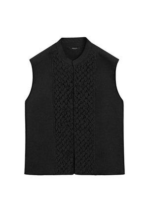 Zwart mouwloos vest met een mandarin kraag en een textuur van gevlochten patroon die verticaal over het midden aan de voorkant loopt.