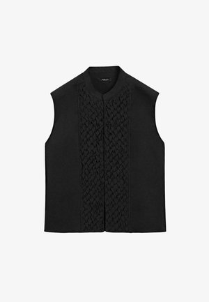 Zwart mouwloos vest met een mandarin kraag en een textuur van gevlochten patroon die verticaal over het midden aan de voorkant loopt.