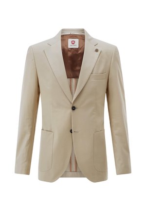 Beiger Herrenblazer mit zwei Frontknöpfen, eingekerbtem Revers, drei Taschen und braunem Satinfutter mit gestreiftem Detail.