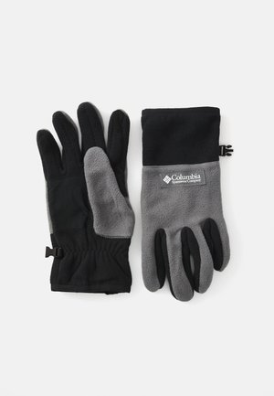 Gants noirs et gris en polaire et matériau synthétique ; équipés d'un poignet ajustable, d'une prise texturée et de couleurs contrastantes.