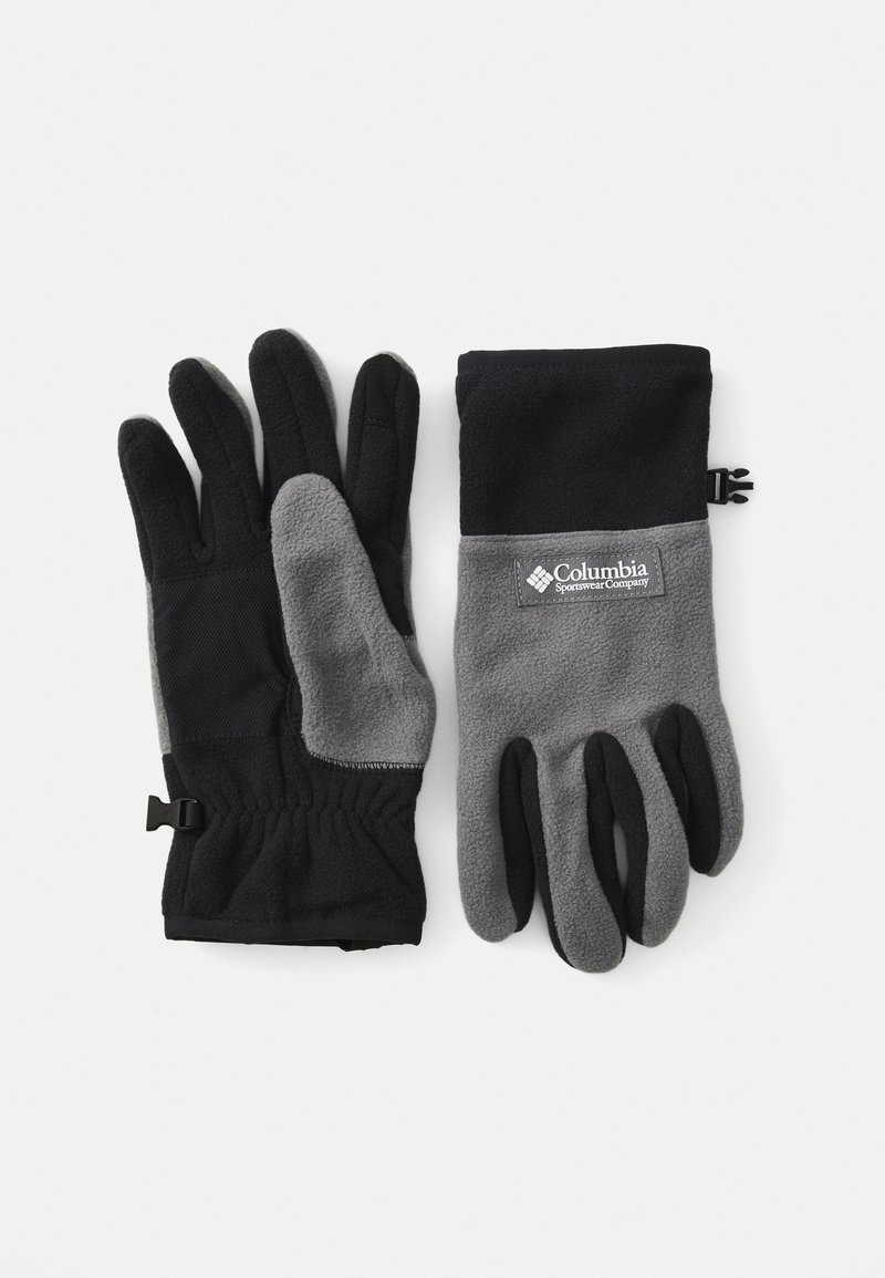 Guantes negros y grises hechos de forro polar y material sintético; cuentan con ajuste en la muñeca, agarre texturizado y colores en contraste.