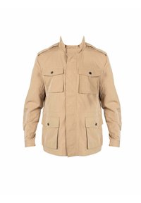 Giacca militare color sabbia con colletto alto, quattro tasche frontali, spalline e chiusure con bottoni. Tessuto liscio e leggero.