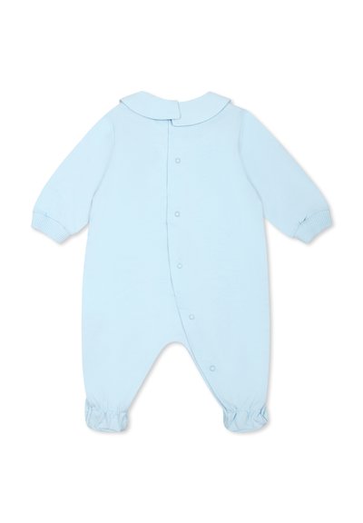 Lichtblauwe peuter onesie met lange mouwen, afgeronde kraag, drukknopen aan de voorkant en elastische boorden en enkelbanden. Zachte stoftextuur.