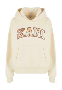 Hoodie color crema con la scritta "KANI" in lettere marroni e testo in corsivo bianco. Include una tasca frontale e polsini e orlo a costine.